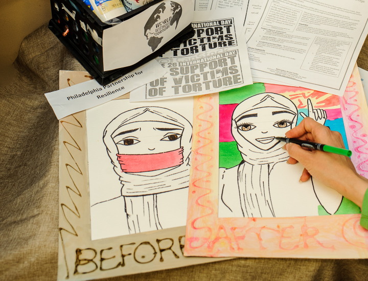 Artworks created by NSC PPR clients - drawing of woman with her mouth covered, and then uncovered