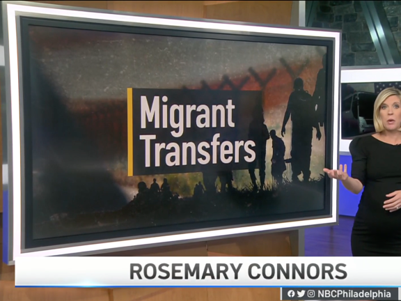 Screen shot of NBC Philadelphia news video with "Migrant Transfers" on the screen