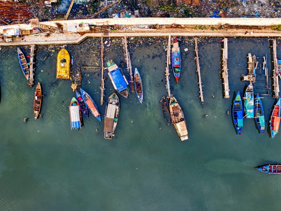 Boats in many colors as seen from above