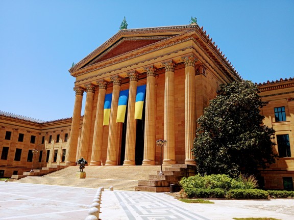 Philadelphia Museum of Art with Ukraine's flag displayed May 9 2022