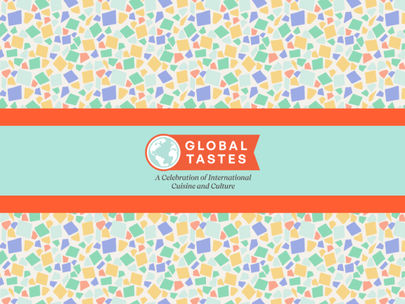 Global Tastes event logo over multicolored mosaic