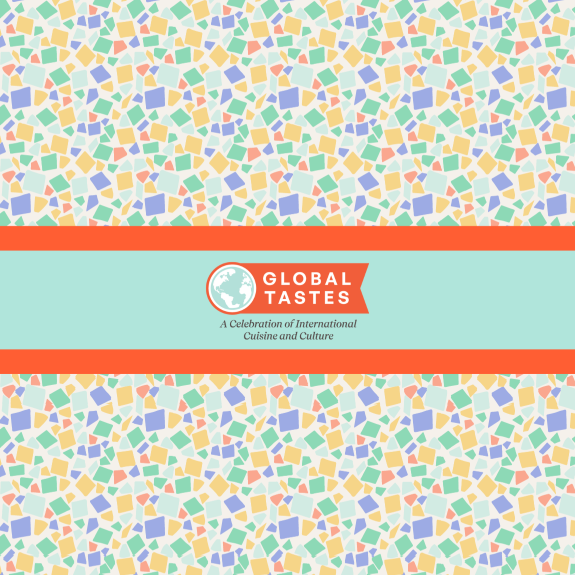 Global Tastes event logo over multicolored mosaic