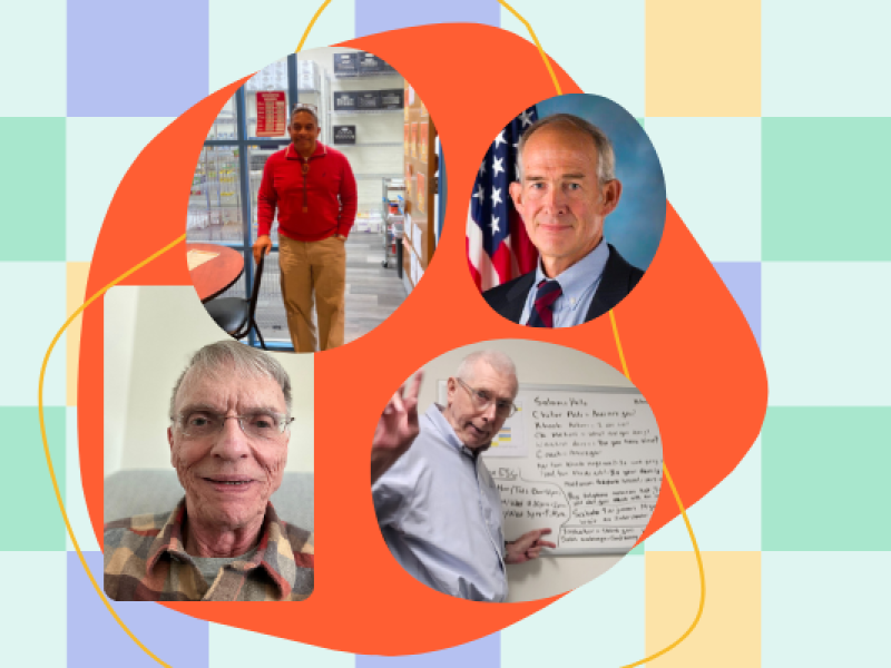 Checkerboard background with four photos of Senior Corps volunteers