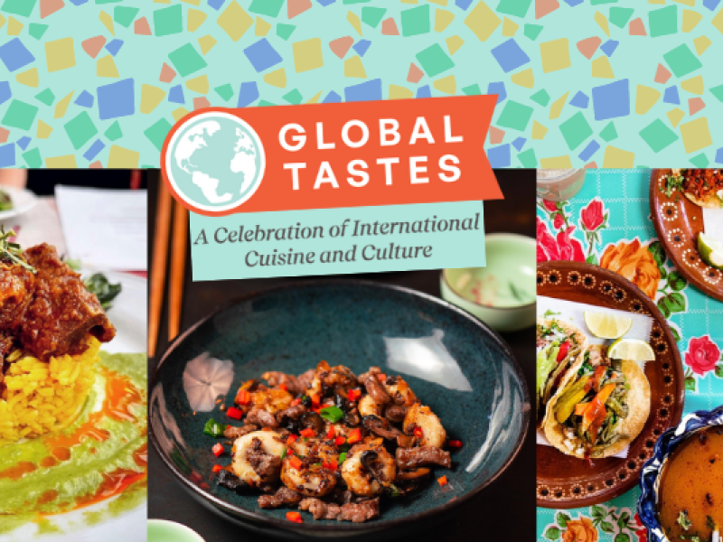 Several delicious looking meals with Global Tastes menu