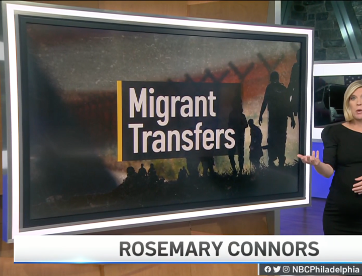 Screen shot of NBC Philadelphia news video with "Migrant Transfers" on the screen
