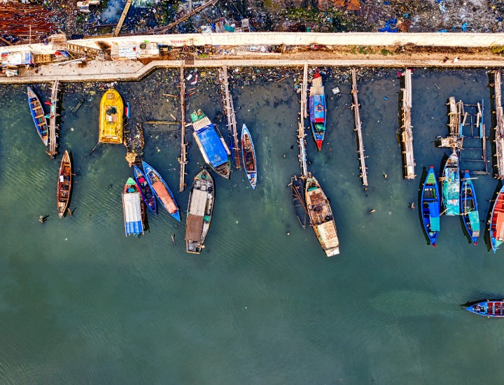 Boats in many colors as seen from above