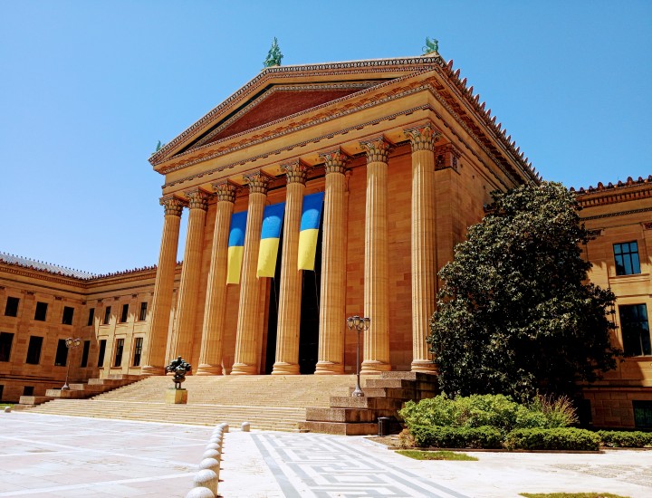 Philadelphia Museum of Art with Ukraine's flag displayed May 9 2022