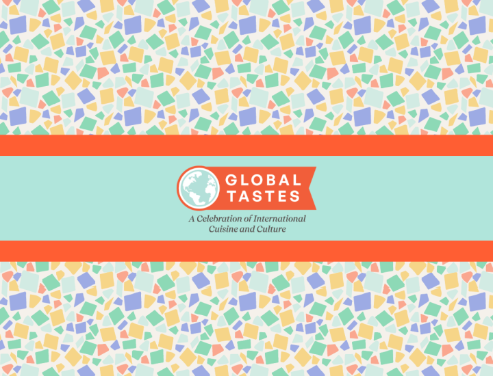 Global Tastes event logo over multicolored mosaic