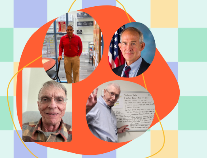 Checkerboard background with four photos of Senior Corps volunteers
